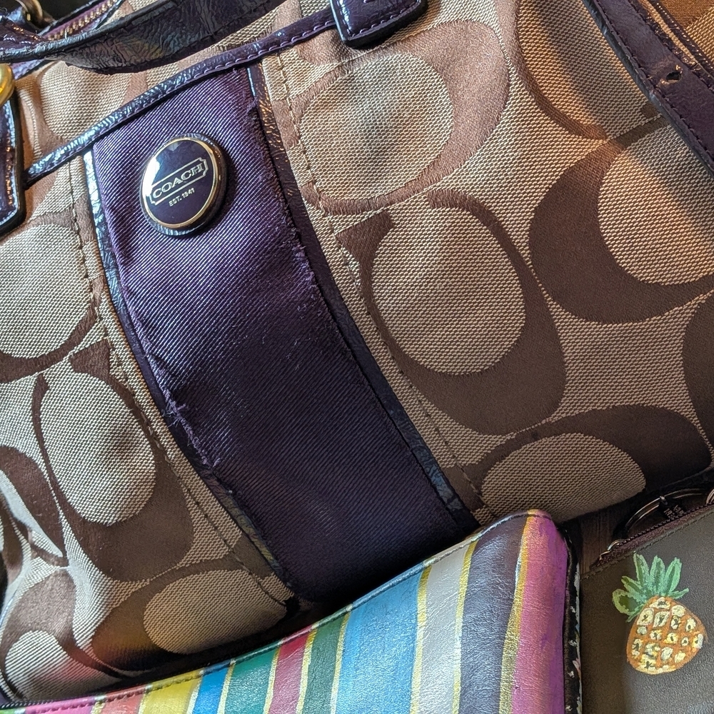 Coach Signature Brown & Purple Satchel Tote Bag - Picture 4 of 9